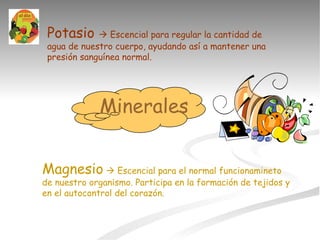 Minerales Potasio    Escencial para regular la cantidad de agua de nuestro cuerpo, ayudando así a mantener una presión sanguínea normal. Magnesio     Escencial para el normal funcionamineto de nuestro organismo. Participa en la formación de tejidos y en el autocontrol del corazón. 