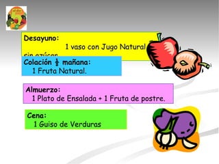 Desayuno:   1 vaso con Jugo Natural sin azúcar. Colación ½ mañana:  1 Fruta Natural. Almuerzo:   1 Plato de Ensalada + 1 Fruta de postre. Cena:   1 Guiso de Verduras 