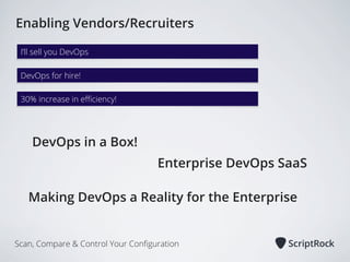 Enabling Vendors/Recruiters
I’ll sell you DevOps
DevOps for hire!
30% increase in eﬃciency!

DevOps in a Box!
Enterprise DevOps SaaS
Making DevOps a Reality for the Enterprise

Scan, Compare & Control Your Conﬁguration

 