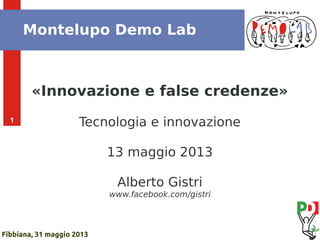 1
Fibbiana, 31 maggio 2013
Montelupo Demo Lab
«Innovazione e false credenze»
Tecnologia e innovazione
13 maggio 2013
Alberto Gistri
www.facebook.com/gistri
 
