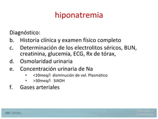 hiponatremia Diagnóstico: Historia clínica y examen físico completo Determinación de los electrolitos séricos, BUN, creatinina, glucemia, ECG, Rx de tórax,  Osmolaridad urinaria Concentración urinaria de Na <10meq/l  disminución de vol. Plasmático >30meq/l  SIADH Gases arteriales 