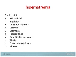hipernatremia Cuadro clínico: Irritabilidad Inquietud Debilidad muscular Letargia Calambres  Hiperreflexia Espasticidad muscular Ataxia Coma , convulsiones Muerte 