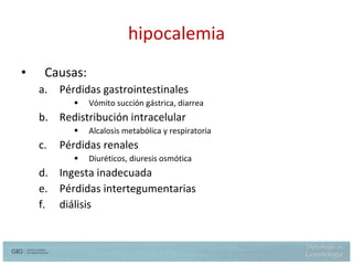 hipocalemia Causas: Pérdidas gastrointestinales Vómito succión gástrica, diarrea Redistribución intracelular Alcalosis metabólica y respiratoria Pérdidas renales Diuréticos, diuresis osmótica Ingesta inadecuada Pérdidas intertegumentarias diálisis 