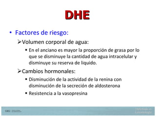 Factores de riesgo: Volumen corporal de agua: En el anciano es mayor la proporción de grasa por lo que se disminuye la cantidad de agua intracelular y disminuye su reserva de liquido. Cambios hormonales: Disminución de la actividad de la renina con disminución de la secreción de aldosterona Resistencia a la vasopresina DHE Hazzard W. et al.  Principles of Geriatric Medicine and Gerontology 5th  ed. Mc Graw Hill 2003  