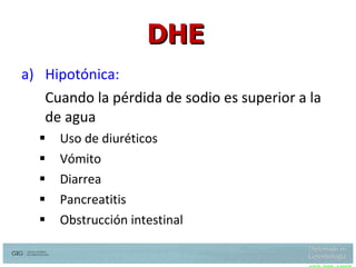 Hipotónica: Cuando la pérdida de sodio es superior a la de agua Uso de diuréticos Vómito Diarrea Pancreatitis Obstrucción intestinal DHE Snyder N, Feigal. hypernatremia in elderly patients, Ann intern Med 107:309 1987 