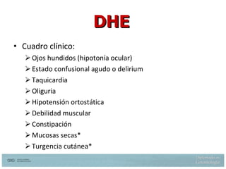 Cuadro clínico: Ojos hundidos (hipotonía ocular) Estado confusional agudo o delirium Taquicardia Oliguria  Hipotensión ortostática Debilidad muscular Constipación Mucosas secas* Turgencia cutánea* DHE Weinberg AD, Dehydration: Evaluation and Management in older adults. JAMA 274:1552-1556, 1995 