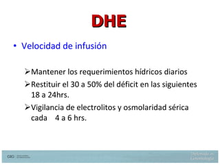 Velocidad de infusión Mantener los requerimientos hídricos diarios Restituir el 30 a 50% del déficit en las siguientes 18 a 24hrs. Vigilancia de electrolitos y osmolaridad sérica cada  4 a 6 hrs. DHE Weinberg AD, Dehydration: Evaluation and Management in older adults. JAMA 274:1552-1556, 1995 