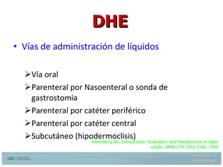 Vías de administración de líquidos Vía oral Parenteral por Nasoenteral o sonda de gastrostomía Parenteral por catéter periférico Parenteral por catéter central Subcutáneo (hipodermoclisis) Weinberg AD, Dehydration: Evaluation and Management in older adults. JAMA 274:1552-1556, 1995 Ferry M.Dardaine V. Subcutaneous infusion or hypodermoclysis: a practical approach. J Am Geriat Soc. 37:843-847, 1989 DHE 