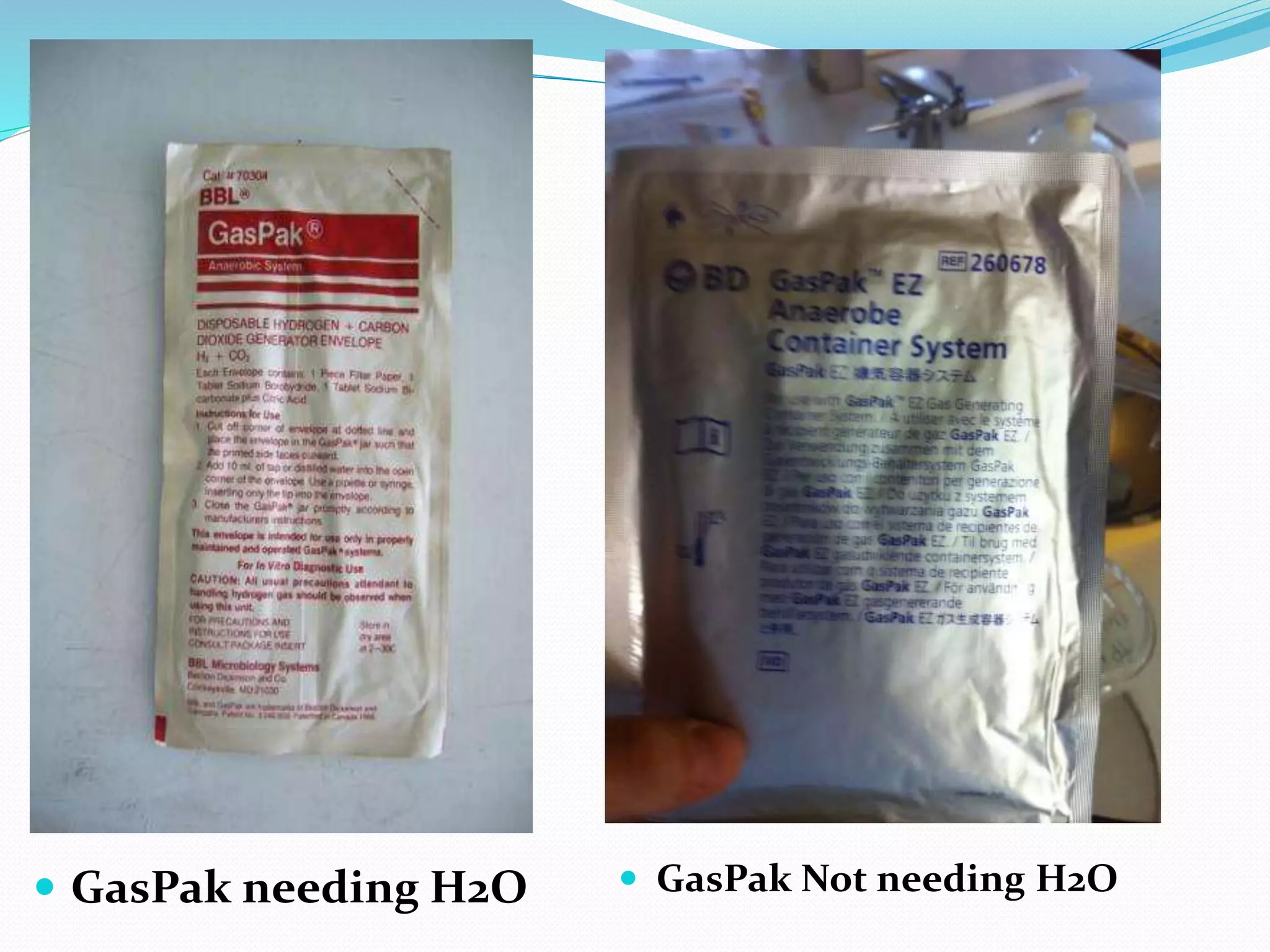  GasPak needing H2O  GasPak Not needing H2O
 