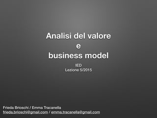 Analisi del valore
e
business model
IED
Lezione 5/2015
Frieda Brioschi / Emma Tracanella
frieda.brioschi@gmail.com / emma.tracanella@gmail.com
 