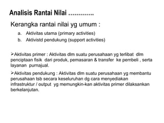 Analisis Rantai Nilai ………….
Kerangka rantai nilai yg umum :
a. Aktivitas utama (primary activities)
b. Aktivistd pendukung (support activities)
Aktivitas primer : Aktivitas dlm suatu perusahaan yg terlibat dlm
penciptaan fisik dari produk, pemasaran & transfer ke pembeli , serta
layanan purnajual.
Aktivitas pendukung : Aktivitas dlm suatu perusahaan yg membantu
perusahaan tsb secara keseluruhan dg cara menyediakan
infrastruktur / output yg memungkin-kan aktivitas primer dilaksankan
berkelanjutan.
 