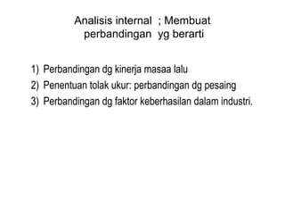 Analisis internal ; Membuat
perbandingan yg berarti
1) Perbandingan dg kinerja masaa lalu
2) Penentuan tolak ukur: perbandingan dg pesaing
3) Perbandingan dg faktor keberhasilan dalam industri.
 