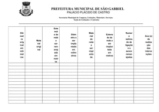 PREFEITURA MUNICIPAL DE SÃO GABRIEL
                                PALÁCIO PLÁCIDO DE CASTRO
                       Secretaria Municipal de Compras, Licitações, Materiais e Serviços.
                                        Seção de Licitações e Contratos



                Exte
                 nsã
Diâ                                                        Mate                             Numer
                o da                 Diâm                                       Extens
met                                                         rial                                o     Ano (s)
                rede                 etro a                                      ão da
 ro                                                         da                              estima       de
       Mate       a                   ser                                       rede a
orig                                                       rede                              do de    realiza
        rial     ser                 impla                                        ser
inal                                                         a                              ligaçõe     ção
       origi    rem                  ntado                                      implan
em                                                          ser                                sa       das
        nal     anej                  em                                         tada
milí                                                       impl                              serem    interve
                 ada                 milím                                        em
met                                                        anta                              reman     nções
                 em                  etros                                      metros
ros                                                         da                               ejadas
                metr
                 os
 