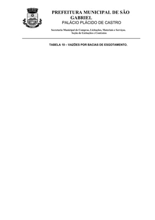 PREFEITURA MUNICIPAL DE SÃO
       GABRIEL
          PALÁCIO PLÁCIDO DE CASTRO
 Secretaria Municipal de Compras, Licitações, Materiais e Serviços.
                  Seção de Licitações e Contratos



TABELA 10 – VAZÕES POR BACIAS DE ESGOTAMENTO.
 
