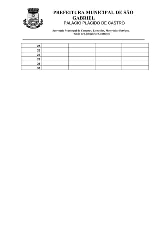 PREFEITURA MUNICIPAL DE SÃO
           GABRIEL
              PALÁCIO PLÁCIDO DE CASTRO
     Secretaria Municipal de Compras, Licitações, Materiais e Serviços.
                      Seção de Licitações e Contratos



25
26
27
28
28
30
 