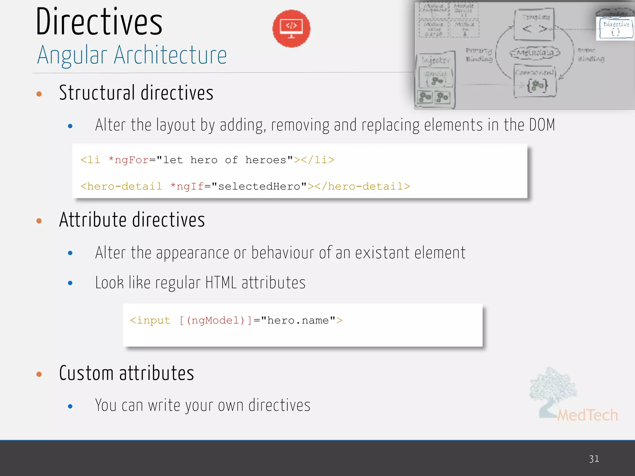 MedTech
Directives
• Structural directives
• Alter the layout by adding, removing and replacing elements in the DOM
• Attribute directives
• Alter the appearance or behaviour of an existant element
• Look like regular HTML attributes
• Custom attributes
• You can write your own directives
31
Angular Architecture
<li *ngFor="let hero of heroes"></li>
<hero-detail *ngIf="selectedHero"></hero-detail>
<input [(ngModel)]="hero.name">
 