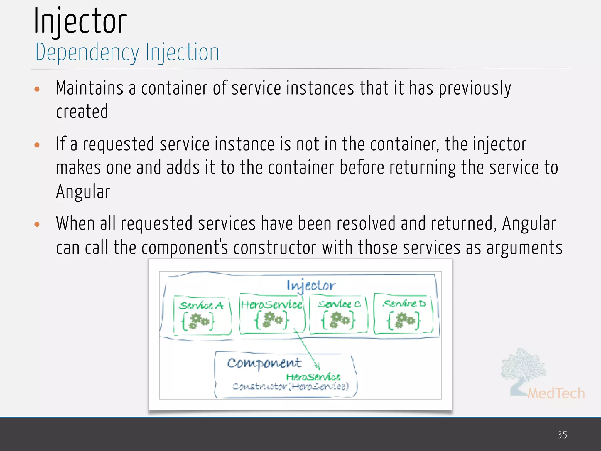 MedTech
Injector
• Maintains a container of service instances that it has previously
created
• If a requested service instance is not in the container, the injector
makes one and adds it to the container before returning the service to
Angular
• When all requested services have been resolved and returned, Angular
can call the component's constructor with those services as arguments
35
Dependency Injection
 