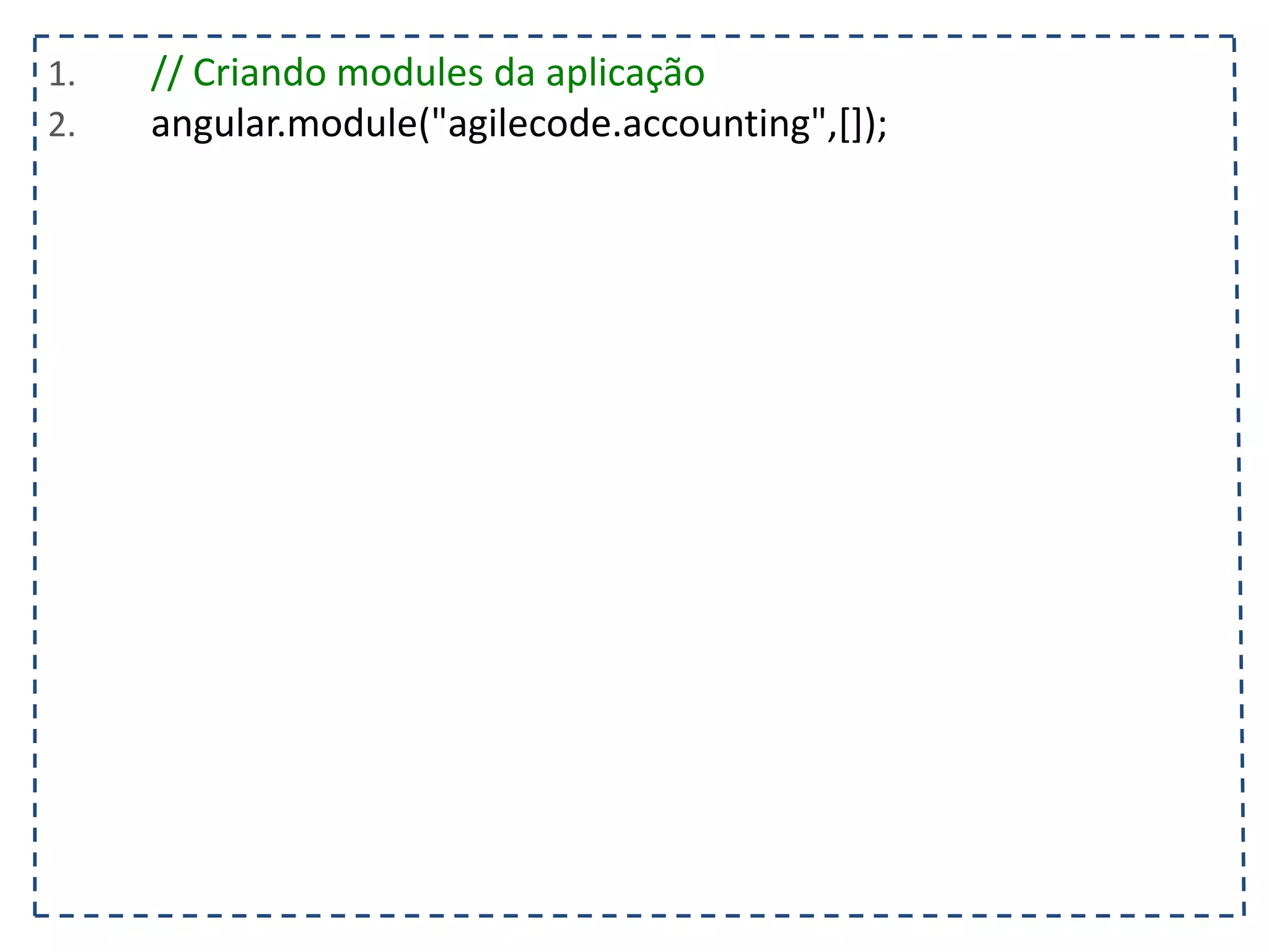 1. $scope.contatos.push(angular.copy(contato)); 2. delete $scope.contato; 3. }; 4. $scope.operadoras = ["Vivo", "Oi", "Tim"]; 5. }); 6. </script> 7. <style> .selecionado {font-weight: bold; background-color: #FAFAD2; } </style> 8. </head> 9. <body ng-controller="listaTelefonicaCtrl"> 10. <h1>{{titulo}}</h1> 11. <table ng-show="contatos.length > 0"> 12. <tr> 13. <th></th><th>Nome</th><th>Telefone</th><th>Operadora</th> 14. </tr> 15. <tr ng-class="{selecionado: contato.selecionado}" ng-repeat="contato in contatos"> 16. <td><input type="checkbox" ng-model="contato.selecionado"/></td> 17. <td>{{contato.nome}}</td> 18. <td>{{contato.telefone}}<td/> 19. <td>{{contato.operadora}}</td> 20. </tr> 21. </table> 22. <input type="text" ng-model="contato.nome" placeholder="Nome"/> 23. <input type="text" ng-model="contato.telefone" placeholder="Telefone"/> 24. <select ng-model="contato.operadora" ng-options="operadora for operadora in operadoras"></select> 25. <button ng-click="adicionarContato(contato)" ng-disabled="!(contato.nome && contato.telefone)"> 26. Adicionar 27. </button> 28. </body> 29. </html> 