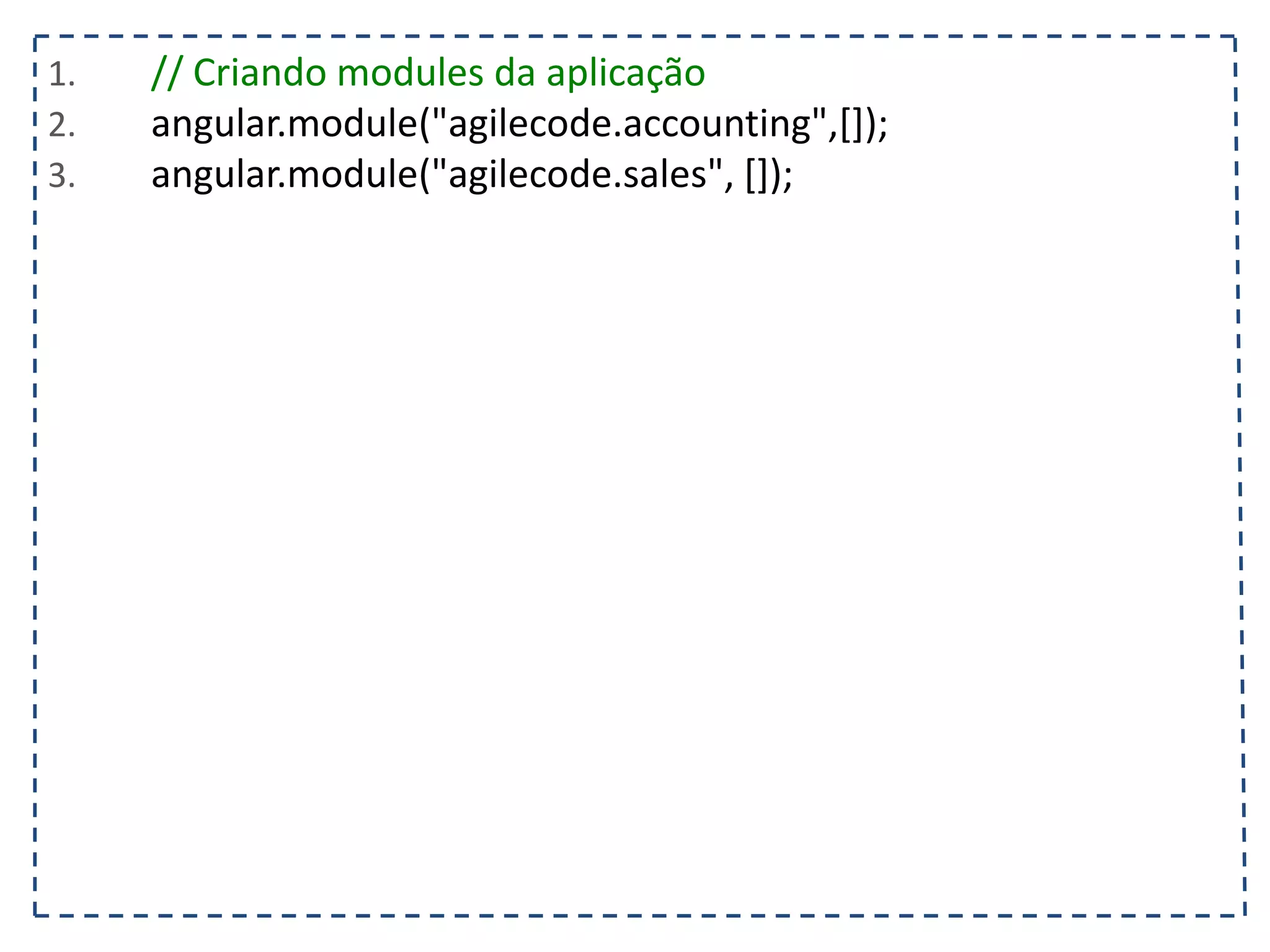 1. delete $scope.contato; 2. }; 3. $scope.operadoras = ["Vivo", "Oi", "Tim"]; 4. }); 5. </script> 6. <style> .selecionado {font-weight: bold; background-color: #FAFAD2; } </style> 7. </head> 8. <body ng-controller="listaTelefonicaCtrl"> 9. <h1>{{titulo}}</h1> 10. <table ng-show="contatos.length > 0"> 11. <tr> 12. <th></th><th>Nome</th><th>Telefone</th><th>Operadora</th> 13. </tr> 14. <tr ng-class="{selecionado: contato.selecionado}" ng-repeat="contato in contatos"> 15. <td><input type="checkbox" ng-model="contato.selecionado"/></td> 16. <td>{{contato.nome}}</td> 17. <td>{{contato.telefone}}<td/> 18. <td>{{contato.operadora}}</td> 19. </tr> 20. </table> 21. <input type="text" ng-model="contato.nome" placeholder="Nome"/> 22. <input type="text" ng-model="contato.telefone" placeholder="Telefone"/> 23. <select ng-model="contato.operadora" ng-options="operadora for operadora in operadoras"></select> 24. <button ng-click="adicionarContato(contato)" ng-disabled="!(contato.nome && contato.telefone)"> 25. Adicionar 26. </button> 27. </body> 28. </html> 
