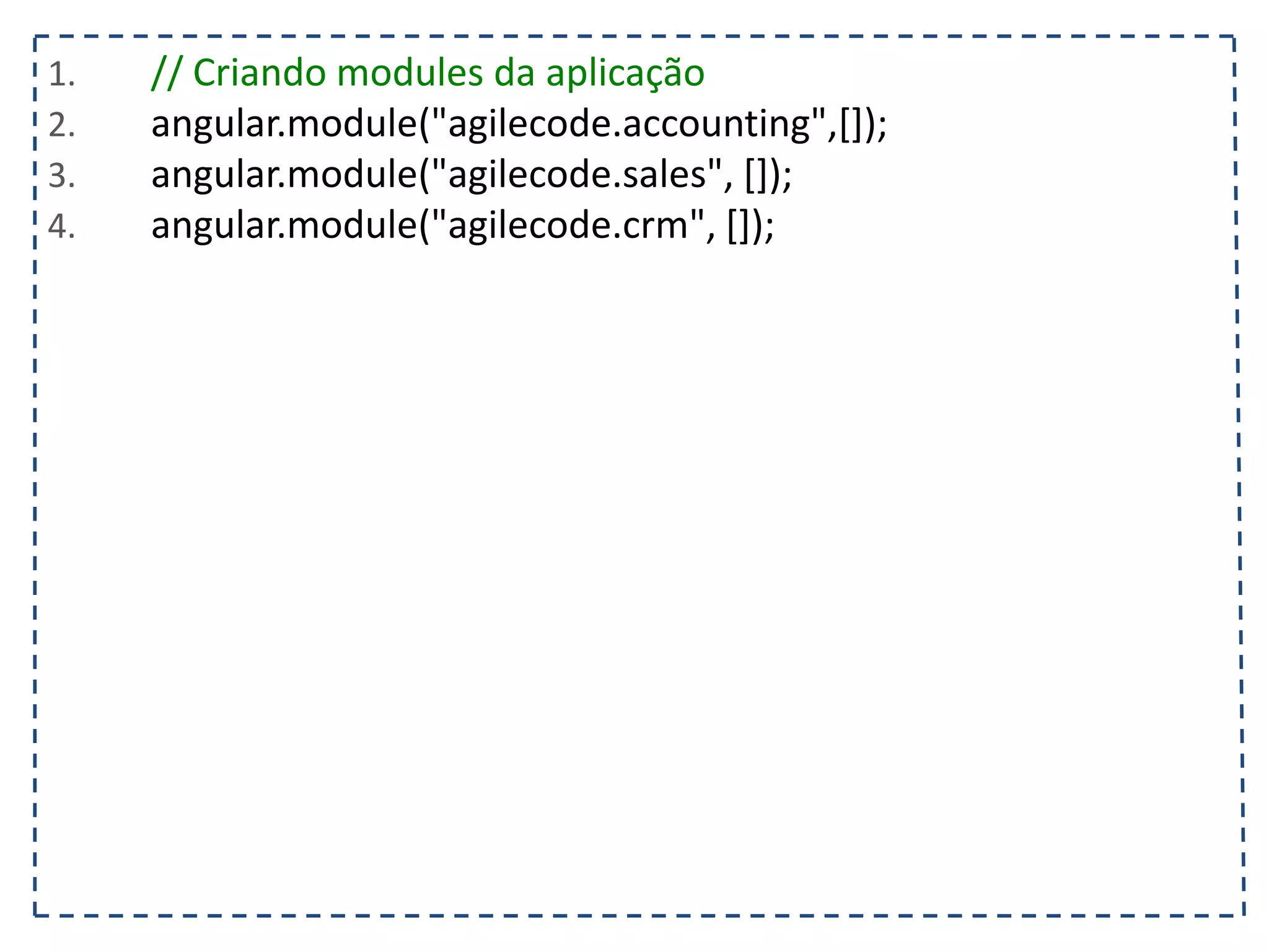 1. }; 2. $scope.operadoras = ["Vivo", "Oi", "Tim"]; 3. }); 4. </script> 5. <style> .selecionado {font-weight: bold; background-color: #FAFAD2; } </style> 6. </head> 7. <body ng-controller="listaTelefonicaCtrl"> 8. <h1>{{titulo}}</h1> 9. <table ng-show="contatos.length > 0"> 10. <tr> 11. <th></th><th>Nome</th><th>Telefone</th><th>Operadora</th> 12. </tr> 13. <tr ng-class="{selecionado: contato.selecionado}" ng-repeat="contato in contatos"> 14. <td><input type="checkbox" ng-model="contato.selecionado"/></td> 15. <td>{{contato.nome}}</td> 16. <td>{{contato.telefone}}<td/> 17. <td>{{contato.operadora}}</td> 18. </tr> 19. </table> 20. <input type="text" ng-model="contato.nome" placeholder="Nome"/> 21. <input type="text" ng-model="contato.telefone" placeholder="Telefone"/> 22. <select ng-model="contato.operadora" ng-options="operadora for operadora in operadoras"></select> 23. <button ng-click="adicionarContato(contato)" ng-disabled="!(contato.nome && contato.telefone)"> 24. Adicionar 25. </button> 26. </body> 27. </html> 