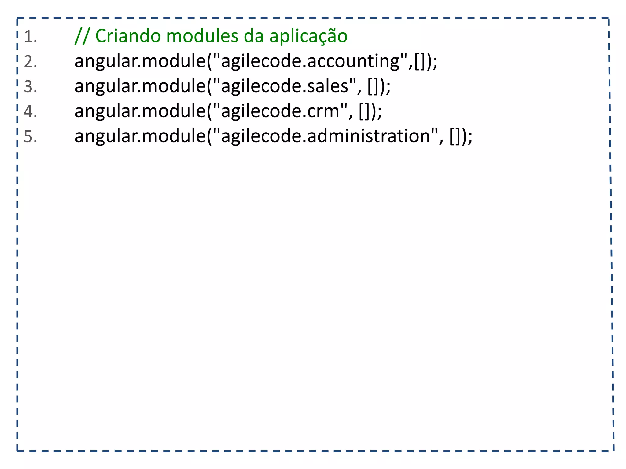 1. $scope.operadoras = ["Vivo", "Oi", "Tim"]; 2. }); 3. </script> 4. <style> .selecionado {font-weight: bold; background-color: #FAFAD2; } </style> 5. </head> 6. <body ng-controller="listaTelefonicaCtrl"> 7. <h1>{{titulo}}</h1> 8. <table ng-show="contatos.length > 0"> 9. <tr> 10. <th></th><th>Nome</th><th>Telefone</th><th>Operadora</th> 11. </tr> 12. <tr ng-class="{selecionado: contato.selecionado}" ng-repeat="contato in contatos"> 13. <td><input type="checkbox" ng-model="contato.selecionado"/></td> 14. <td>{{contato.nome}}</td> 15. <td>{{contato.telefone}}<td/> 16. <td>{{contato.operadora}}</td> 17. </tr> 18. </table> 19. <input type="text" ng-model="contato.nome" placeholder="Nome"/> 20. <input type="text" ng-model="contato.telefone" placeholder="Telefone"/> 21. <select ng-model="contato.operadora" ng-options="operadora for operadora in operadoras"></select> 22. <button ng-click="adicionarContato(contato)" ng-disabled="!(contato.nome && contato.telefone)"> 23. Adicionar 24. </button> 25. </body> 26. </html> 