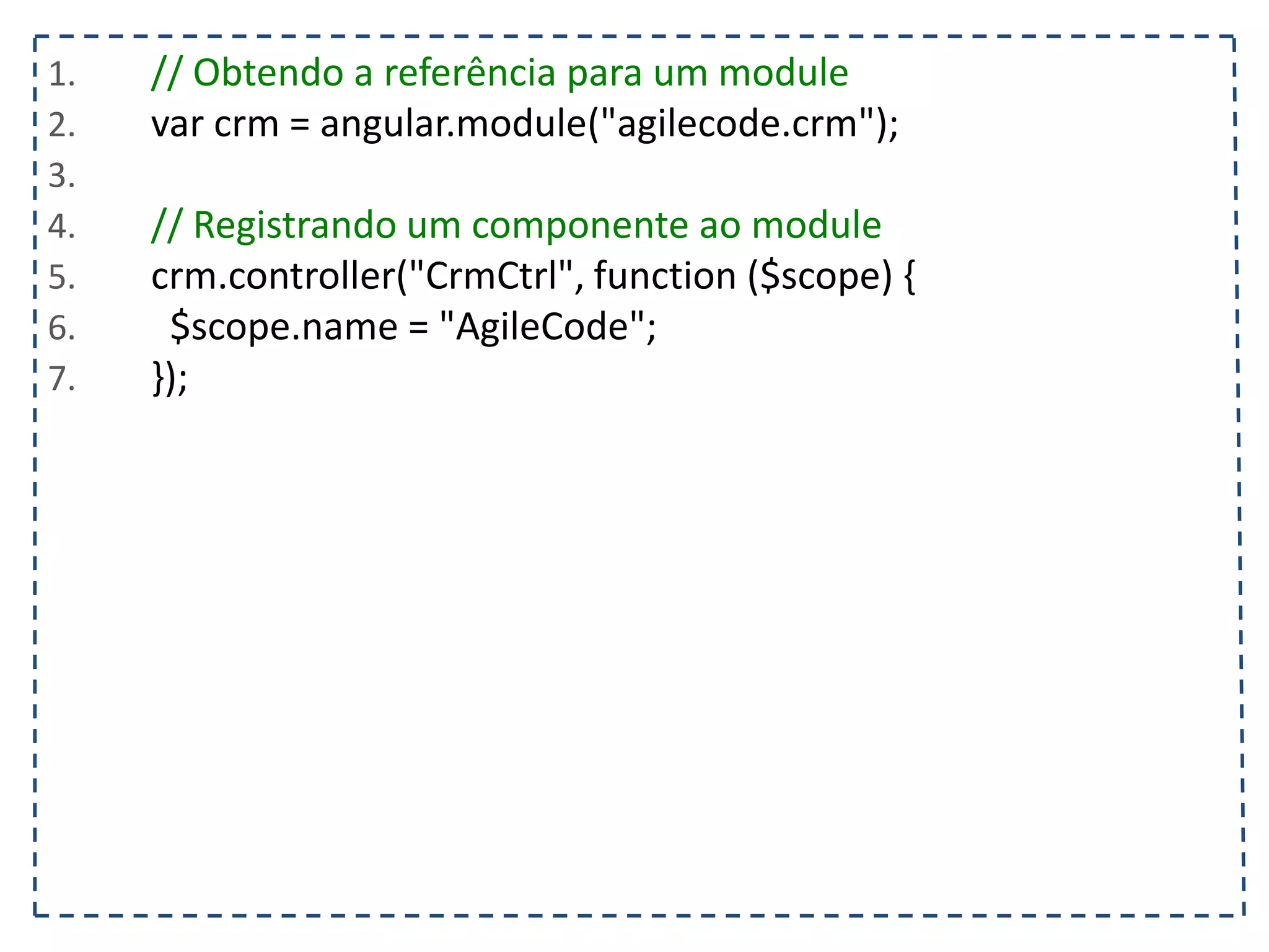 1. </head> 2. <body ng-controller="listaTelefonicaCtrl"> 3. <h1>{{titulo}}</h1> 4. <table ng-show="contatos.length > 0"> 5. <tr> 6. <th></th><th>Nome</th><th>Telefone</th><th>Operadora</th> 7. </tr> 8. <tr ng-class="{selecionado: contato.selecionado}" ng-repeat="contato in contatos"> 9. <td><input type="checkbox" ng-model="contato.selecionado"/></td> 10. <td>{{contato.nome}}</td> 11. <td>{{contato.telefone}}<td/> 12. <td>{{contato.operadora}}</td> 13. </tr> 14. </table> 15. <input type="text" ng-model="contato.nome" placeholder="Nome"/> 16. <input type="text" ng-model="contato.telefone" placeholder="Telefone"/> 17. <select ng-model="contato.operadora" ng-options="operadora for operadora in operadoras"></select> 18. <button ng-click="adicionarContato(contato)" ng-disabled="!(contato.nome && contato.telefone)"> 19. Adicionar 20. </button> 21. </body> 22. </html> 