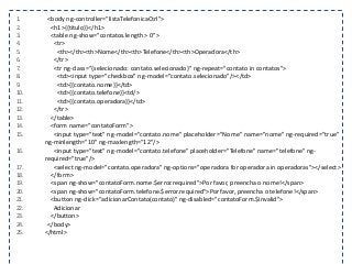 1. <body ng-controller="listaTelefonicaCtrl">
2. <h1>{{titulo}}</h1>
3. <table ng-show="contatos.length > 0">
4. <tr>
5. <th></th><th>Nome</th><th>Telefone</th><th>Operadora</th>
6. </tr>
7. <tr ng-class="{selecionado: contato.selecionado}" ng-repeat="contato in contatos">
8. <td><input type="checkbox" ng-model="contato.selecionado"/></td>
9. <td>{{contato.nome}}</td>
10. <td>{{contato.telefone}}<td/>
11. <td>{{contato.operadora}}</td>
12. </tr>
13. </table>
14. <form name="contatoForm">
15. <input type="text" ng-model="contato.nome" placeholder="Nome" name="nome" ng-required="true"
ng-minlength="10" ng-maxlength="12"/>
16. <input type="text" ng-model="contato.telefone" placeholder="Telefone" name="telefone" ng-
required="true"/>
17. <select ng-model="contato.operadora" ng-options="operadora for operadora in operadoras"></select>
18. </form>
19. <span ng-show="contatoForm.nome.$error.required">Por favor, preencha o nome!</span>
20. <span ng-show="contatoForm.telefone.$error.required">Por favor, preencha o telefone!</span>
21. <button ng-click="adicionarContato(contato)" ng-disabled="contatoForm.$invalid">
22. Adicionar
23. </button>
24. </body>
25. </html>
 