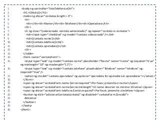 1. <body ng-controller="listaTelefonicaCtrl">
2. <h1>{{titulo}}</h1>
3. <table ng-show="contatos.length > 0">
4. <tr>
5. <th></th><th>Nome</th><th>Telefone</th><th>Operadora</th>
6. </tr>
7. <tr ng-class="{selecionado: contato.selecionado}" ng-repeat="contato in contatos">
8. <td><input type="checkbox" ng-model="contato.selecionado"/></td>
9. <td>{{contato.nome}}</td>
10. <td>{{contato.telefone}}<td/>
11. <td>{{contato.operadora}}</td>
12. </tr>
13. </table>
14. <form name="contatoForm">
15. <input type="text" ng-model="contato.nome" placeholder="Nome" name="nome" ng-required="true"
ng-minlength="10" ng-maxlength="12"/>
16. <input type="text" ng-model="contato.telefone" placeholder="Telefone" name="telefone" ng-
required="true"/>
17. <select ng-model="contato.operadora" ng-options="operadora for operadora in operadoras"></select>
18. </form>
19. <span ng-show="contatoForm.nome.$error.required">Por favor, preencha o nome!</span>
20. <span ng-show="contatoForm.nome.$error.minlength">O nome deve ter no mínimo 10 letras!</span>
21. <span ng-show="contatoForm.telefone.$error.required">Por favor, preencha o telefone!</span>
22. <button ng-click="adicionarContato(contato)" ng-disabled="contatoForm.$invalid">
23. Adicionar
24. </button>
25. </body>
26. </html>
 