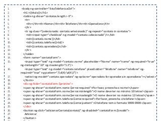 1. <body ng-controller="listaTelefonicaCtrl">
2. <h1>{{titulo}}</h1>
3. <table ng-show="contatos.length > 0">
4. <tr>
5. <th></th><th>Nome</th><th>Telefone</th><th>Operadora</th>
6. </tr>
7. <tr ng-class="{selecionado: contato.selecionado}" ng-repeat="contato in contatos">
8. <td><input type="checkbox" ng-model="contato.selecionado"/></td>
9. <td>{{contato.nome}}</td>
10. <td>{{contato.telefone}}<td/>
11. <td>{{contato.operadora}}</td>
12. </tr>
13. </table>
14. <form name="contatoForm">
15. <input type="text" ng-model="contato.nome" placeholder="Nome" name="nome" ng-required="true"
ng-minlength="10" ng-maxlength="12"/>
16. <input type="text" ng-model="contato.telefone" placeholder="Telefone" name="telefone" ng-
required="true" ng-pattern="/d{4}-d{4}/"/>
17. <select ng-model="contato.operadora" ng-options="operadora for operadora in operadoras"></select>
18. </form>
19. <div ng-hide="contatoForm.$pristine">
20. <span ng-show="contatoForm.nome.$error.required">Por favor, preencha o nome!</span>
21. <span ng-show="contatoForm.nome.$error.minlength">O nome deve ter no mínimo 10 letras!</span>
22. <span ng-show="contatoForm.nome.$error.maxlength">O nome deve ter no máximo 12 letras!</span>
23. <span ng-show="contatoForm.telefone.$error.required">Por favor, preencha o telefone!</span>
24. <span ng-show="contatoForm.telefone.$error.pattern">O telefone tem o formato 9999-9999</span>
25. </div>
26. <button ng-click="adicionarContato(contato)" ng-disabled="contatoForm.$invalid">
27. Adicionar
28. </button>
 