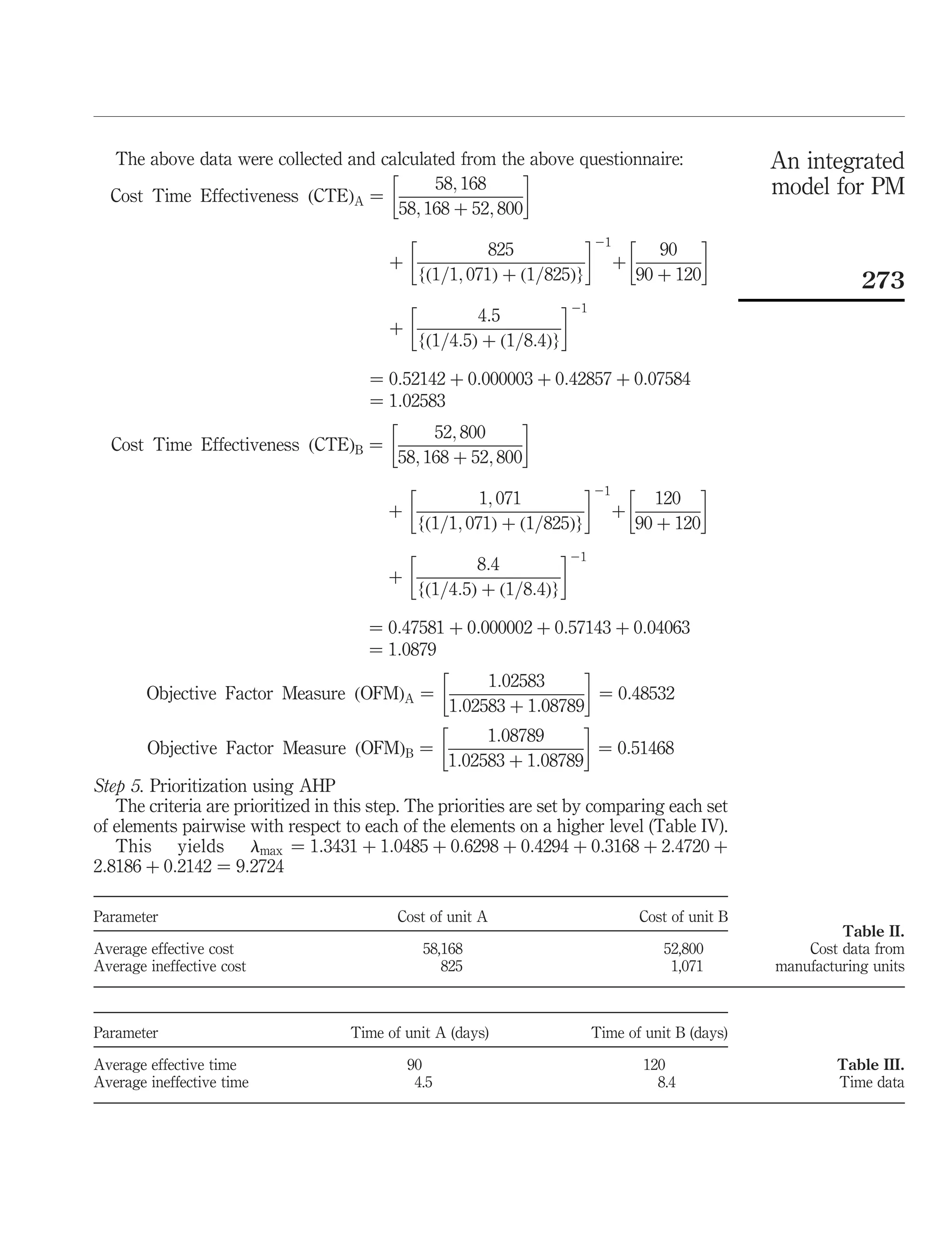 The above data were collected and calculated from the above questionnaire:
                                                                                               An integrated
                                            58; 168                                              model for PM
  Cost Time Effectiveness ðCTEÞA ¼
                                       58; 168 þ 52; 800
                                                                      21          
                                                           825                 90
                                         þ                                þ
                                                 {ð1=1; 071Þ þ ð1=825Þ}     90 þ 120                         273
                                                                  21
                                                         4:5
                                         þ
                                                 {ð1=4:5Þ þ ð1=8:4Þ}

                                 ¼ 0:52142 þ 0:000003 þ 0:42857 þ 0:07584
                                 ¼ 1:02583
                                                     
                                          52; 800
  Cost Time Effectiveness ðCTEÞB ¼
                                     58; 168 þ 52; 800
                                                                      21               
                                                    1; 071                        120
                                         þ                                þ
                                           {ð1=1; 071Þ þ ð1=825Þ}              90 þ 120
                                                                  21
                                                   8:4
                                         þ
                                           {ð1=4:5Þ þ ð1=8:4Þ}

                                        ¼ 0:47581 þ 0:000002 þ 0:57143 þ 0:04063
                                        ¼ 1:0879
                                                                       
                                                          1:02583
       Objective Factor Measure ðOFMÞA ¼                                  ¼ 0:48532
                                                    1:02583 þ 1:08789
                                                                       
                                                          1:08789
        Objective Factor Measure ðOFMÞB ¼                                 ¼ 0:51468
                                                   1:02583 þ 1:08789
Step 5. Prioritization using AHP
   The criteria are prioritized in this step. The priorities are set by comparing each set
of elements pairwise with respect to each of the elements on a higher level (Table IV).
   This yields lmax ¼ 1:3431 þ 1:0485 þ 0:6298 þ 0:4294 þ 0:3168 þ 2:4720 þ
2:8186 þ 0:2142 ¼ 9:2724

Parameter                                  Cost of unit A                       Cost of unit B
                                                                                                          Table II.
Average effective cost                           58,168                             52,800           Cost data from
Average ineffective cost                            825                              1,071       manufacturing units



Parameter                           Time of unit A (days)                Time of unit B (days)

Average effective time                       90                                  120                      Table III.
Average ineffective time                      4.5                                  8.4                    Time data
 