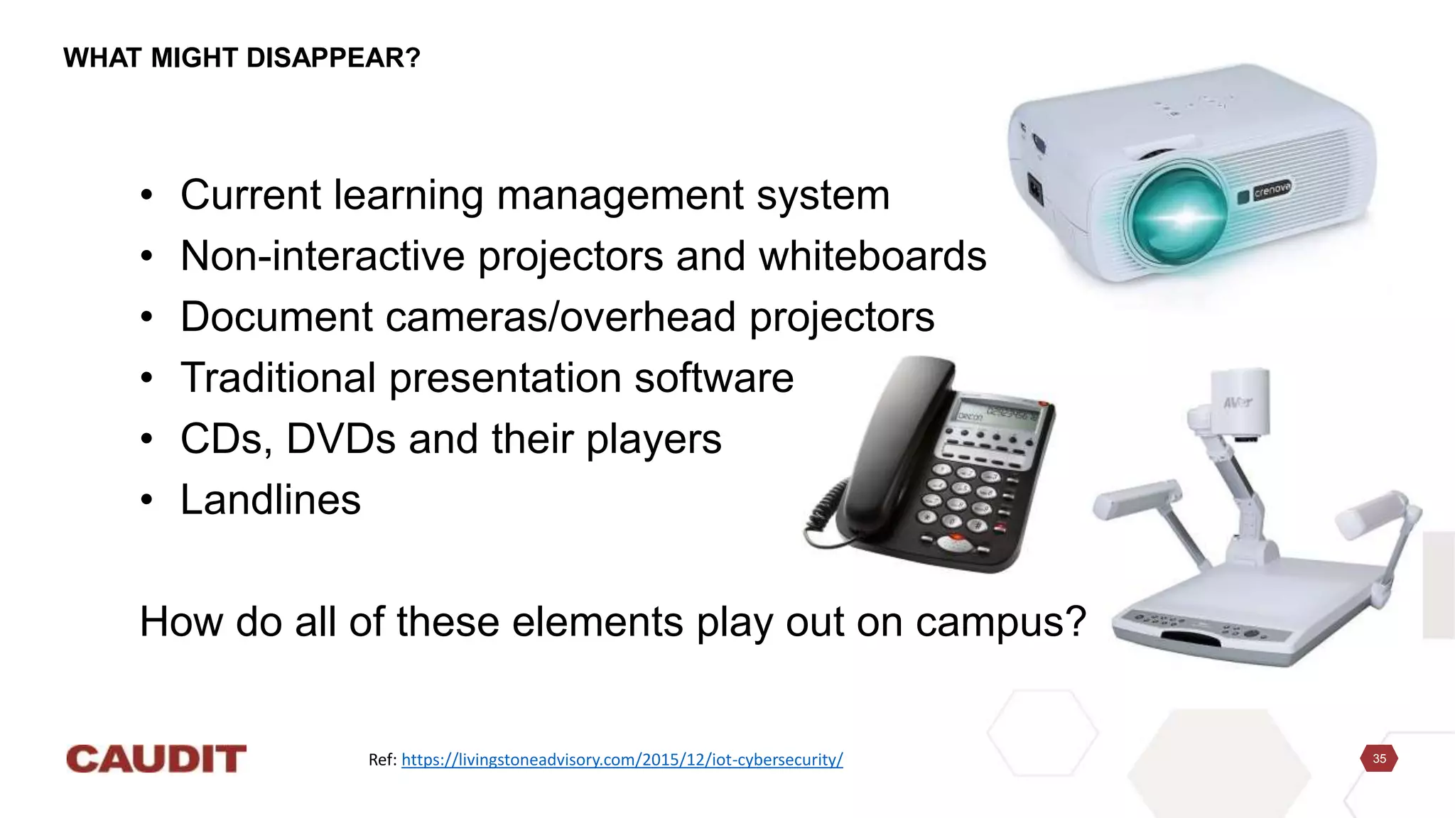 35
WHAT MIGHT DISAPPEAR?
• Current learning management system
• Non-interactive projectors and whiteboards
• Document cameras/overhead projectors
• Traditional presentation software
• CDs, DVDs and their players
• Landlines
How do all of these elements play out on campus? and off?
Ref: https://livingstoneadvisory.com/2015/12/iot-cybersecurity/
 