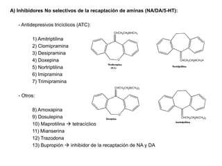 A) Inhibidores No selectivos de la recaptación de aminas (NA/DA/5-HT):
- Antidepresivos tricíclicos (ATC):
1) Amitriptilina
2) Clomipramina
3) Desipramina
4) Doxepina
5) Nortriptilina
6) Imipramina
7) Trimipramina
- Otros:
8) Amoxapina
9) Dosulepina
10) Maprotilina  tetracíclico
11) Mianserina
12) Trazodona
13) Bupropión  inhibidor de la recaptación de NA y DA
 