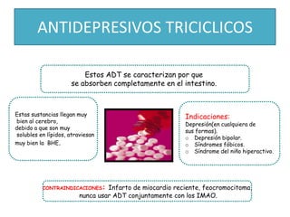 Estos ADT se caracterizan por que
se absorben completamente en el intestino.
Estas sustancias llegan muy
bien al cerebro,
debido a que son muy
solubles en lípidos, atraviesan
muy bien la BHE.
CONTRAINDICACIONES: Infarto de miocardio reciente, feocromocitoma,
nunca usar ADT conjuntamente con los IMAO.
Indicaciones:
Depresión(en cualquiera de
sus formas).
o Depresión bipolar.
o Síndromes fóbicos.
o Síndrome del niño hiperactivo.
ANTIDEPRESIVOS TRICICLICOS
 