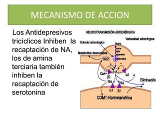 MECANISMO DE ACCION
Los Antidepresivos
tricíclicos Inhiben la
recaptación de NA,
los de amina
terciaria también
inhiben la
recaptación de
serotonina
 
