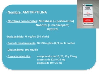 - Nombre: AMITRIPTILINA
- Nombres comerciales: Mutabase (+ perfenazina)
Nobritol (+ medacepam)
Tryptizol
-Dosis de inicio: 75 mg/día (2-3 dosis)
- Dosis de mantenimiento: 30-150 mg/día (2/3 por la noche)
- Dosis máxima: 300 mg/día
- Forma farmacéutica: comprimidos de 10, 25, 50 y 75 mg
cápsulas de 12,5 y 25 mg
grageas de 10 y 25 mg
 