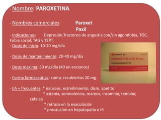 - Nombre: PAROXETINA
- Nombres comerciales: Paroxet
Paxil
- Indicaciones: Depresión,Trastorno de angustia con/sin agorafobia, TOC,
Fobia social, TAG y TEPT.
- Dosis de inicio: 10-20 mg/día
- Dosis de mantenimiento: 20-40 mg/día
- Dosis máxima: 50 mg/día (40 en ancianos)
- Forma farmaceútica: comp. recubiertos 20 mg.
- EA + frecuentes: * naúseas, estreñimiento, dism. apetito
* astenia, somnolencia, mareos, insomnio, temblor,
cefalea
* retraso en la eyaculación
* precaución en hepatopatía e IR
 
