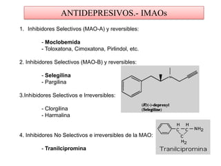 ANTIDEPRESIVOS.- IMAOs
1. Inhibidores Selectivos (MAO-A) y reversibles:
- Moclobemida
- Toloxatona, Cimoxatona, Pirlindol, etc.
2. Inhibidores Selectivos (MAO-B) y reversibles:
- Selegilina
- Pargilina
3.Inhibidores Selectivos e Irreversibles:
- Clorgilina
- Harmalina
4. Inhibidores No Selectivos e irreversibles de la MAO:
- Tranilcipromina
 
