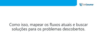 Como isso, mapear os fluxos atuais e buscar
soluções para os problemas descobertos.
 