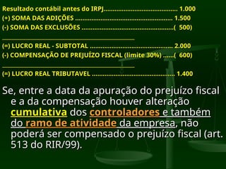 Resultado contábil antes do IRPJ......................................... 1.000
Resultado contábil antes do IRPJ......................................... 1.000
(+) SOMA DAS ADIÇÕES ...................................................... 1.500
(+) SOMA DAS ADIÇÕES ...................................................... 1.500
(-) SOMA DAS EXCLUSÕES ...................................................( 500)
(-) SOMA DAS EXCLUSÕES ...................................................( 500)
___________________________________________________
___________________________________________________
(=) LUCRO REAL - SUBTOTAL .............................................. 2.000
(=) LUCRO REAL - SUBTOTAL .............................................. 2.000
(-) COMPENSAÇÃO DE PREJUÍZO FISCAL (limite 30%) ......( 600)
(-) COMPENSAÇÃO DE PREJUÍZO FISCAL (limite 30%) ......( 600)
___________________________________________________
___________________________________________________
(=) LUCRO REAL TRIBUTAVEL .............................................. 1.400
(=) LUCRO REAL TRIBUTAVEL .............................................. 1.400
Se, entre a data da apuração do prejuízo fiscal
Se, entre a data da apuração do prejuízo fiscal
e a da compensação houver alteração
e a da compensação houver alteração
cumulativa
cumulativa dos
dos controladores
controladores e também
e também
do
do ramo de atividade
ramo de atividade da empresa
da empresa, não
, não
poderá ser compensado o prejuízo fiscal (art.
poderá ser compensado o prejuízo fiscal (art.
513 do RIR/99).
513 do RIR/99).
 