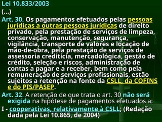 Lei 10.833/2003
Lei 10.833/2003
(...)
(...)
Art. 30.
Art. 30. Os pagamentos efetuados pelas
Os pagamentos efetuados pelas pessoas
pessoas
jurídicas a outras pessoas jurídicas
jurídicas a outras pessoas jurídicas de direito
de direito
privado, pela prestação de serviços de limpeza,
privado, pela prestação de serviços de limpeza,
conservação, manutenção, segurança,
conservação, manutenção, segurança,
vigilância, transporte de valores e locação de
vigilância, transporte de valores e locação de
mão-de-obra, pela prestação de serviços de
mão-de-obra, pela prestação de serviços de
assessoria creditícia, mercadológica, gestão de
assessoria creditícia, mercadológica, gestão de
crédito, seleção e riscos, administração de
crédito, seleção e riscos, administração de
contas a pagar e a receber, bem como pela
contas a pagar e a receber, bem como pela
remuneração de serviços profissionais, estão
remuneração de serviços profissionais, estão
sujeitos a retenção na fonte da
sujeitos a retenção na fonte da CSLL, da COFINS
CSLL, da COFINS
e do PIS/PASEP
e do PIS/PASEP.
.
Art. 32
Art. 32.
. A retenção de que trata o art. 30
A retenção de que trata o art. 30 não será
não será
exigida
exigida na hipótese de pagamentos efetuados a:
na hipótese de pagamentos efetuados a:
I -
I - cooperativas, relativamente à CSLL
cooperativas, relativamente à CSLL; (Redação
; (Redação
dada pela Lei 10.865, de 2004)
dada pela Lei 10.865, de 2004)
 