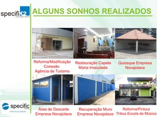 ALGUNS SONHOS REALIZADOS

Reforma/Modificação
Conexão
Agência de Turismo

Área de Descarte
Empresa Novajotace

Restauração Capela
Maria Imaculada

Quiosque Empresa
Novajotace

Reforma/Pintura
Recuperação Muro
Empresa Novajotace Tribus Escola de Música

 