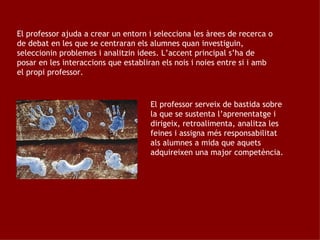El professor ajuda a crear un entorn i selecciona les àrees de recerca o de debat en les que se centraran els alumnes quan investiguin, seleccionin problemes i analitzin idees. L’accent principal s’ha de posar en les interaccions que establiran els nois i noies entre si i amb el propi professor. El professor serveix de bastida sobre la que se sustenta l’aprenentatge i dirigeix, retroalimenta, analitza les feines i assigna més responsabilitat als alumnes a mida que aquets adquireixen una major competència. 