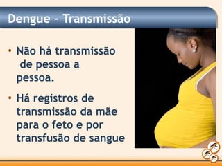 Dengue – Transmissão
• Não há transmissão
de pessoa a
pessoa.
• Há registros de
transmissão da mãe
para o feto e por
transfusão de sangue
 