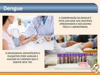 Dengue
A CONFIRMAÇÃO DA DENGUE É
FEITA COM BASE NOS SINTOMAS
APRESENTADOS E NOS EXAMES
FÍSICO E LABORATORIAIS.
O HEMOGRAMA (HEMATÓCRITO E
PLAQUETAS) PODE AUXILIAR E
AGILIZAR OS CUIDADOS QUE O
DOENTE DEVE TER.
 