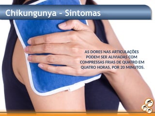 Chikungunya – Sintomas
AS DORES NAS ARTICULAÇÕES
PODEM SER ALIVIADAS COM
COMPRESSAS FRIAS DE QUATRO EM
QUATRO HORAS, POR 20 MINUTOS.
 