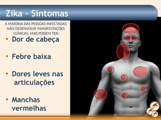 Zika – Sintomas
A MAIORIA DAS PESSOAS INFECTADAS
NÃO DESENVOLVE MANIFESTAÇÕES
CLÍNICAS, MAS PODEM TER:
• Dor de cabeça
• Febre baixa
• Dores leves nas
articulações
• Manchas
vermelhas
 