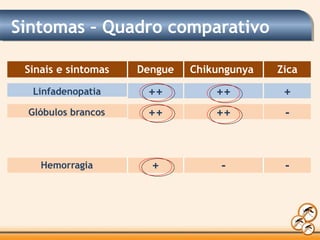 Sinais e sintomas Dengue Chikungunya Zica
Linfadenopatia ++ ++ +
Glóbulos brancos ++ ++ -
Hemorragia + - -
Sintomas – Quadro comparativo
 