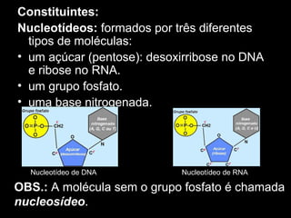 Constituintes:
Nucleotídeos: formados por três diferentes
tipos de moléculas:
• um açúcar (pentose): desoxirribose no DNA
e ribose no RNA.
• um grupo fosfato.
• uma base nitrogenada.
Nucleotídeo de DNA Nucleotídeo de RNA
OBS.: A molécula sem o grupo fosfato é chamada
nucleosídeo.
 