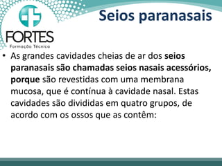 Seios paranasais
• As grandes cavidades cheias de ar dos seios
paranasais são chamadas seios nasais acessórios,
porque são revestidas com uma membrana
mucosa, que é contínua à cavidade nasal. Estas
cavidades são divididas em quatro grupos, de
acordo com os ossos que as contêm:
 