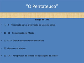 “O Pentateuco”

                                       Esboço do Livro

•   1 – 9 – Preparação para a pregrinação do Sinai até Canaã


•   10 - 21 – Peregrinação até Moabe


•   22 – 32 – Eventos que ocorreram em Moabe


•   33 – Resumo da Viagem


•   33 – 36 – Peregrinação de Moabe até as Margens do Jordão
 